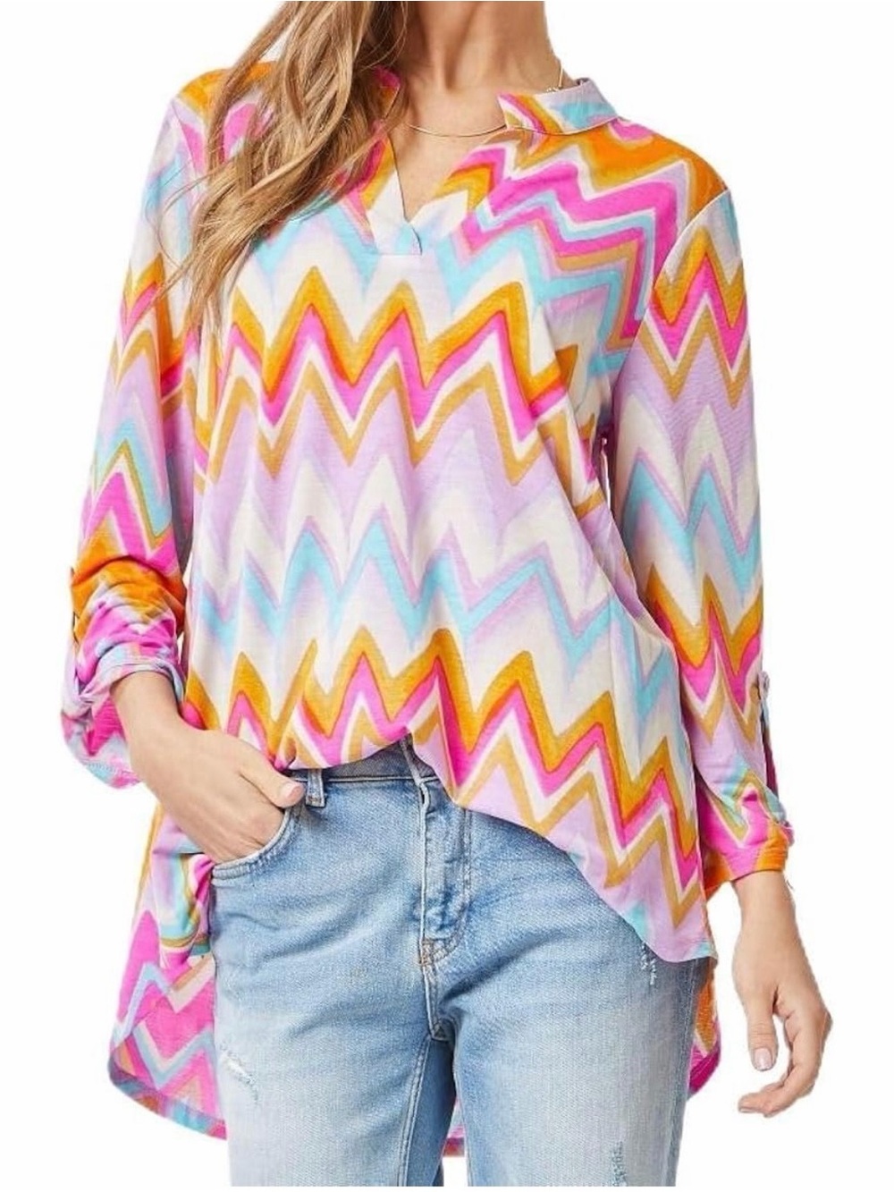 Dear Scarlet Chevron Notch-Neck Flow Tunic - Pink Multi